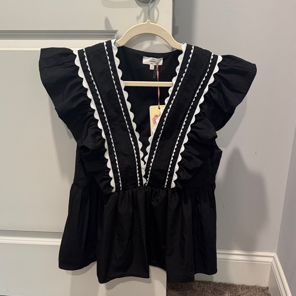 Entro Black Ruffled Blouse with White Trim
